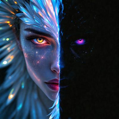 The primary subject of the image is a woman with a mix of blue and purple eyes. She is wearing a white headdress and has a blue and purple eye makeup. The setting is a dark background, which contrasts with the woman's vibrant eyes. The visual style is a digital art, illustration, or drawing, creating a unique and eye-catching image. The colors and mood of the image are predominantly blue and purple, giving it a mysterious and captivating atmosphere.
